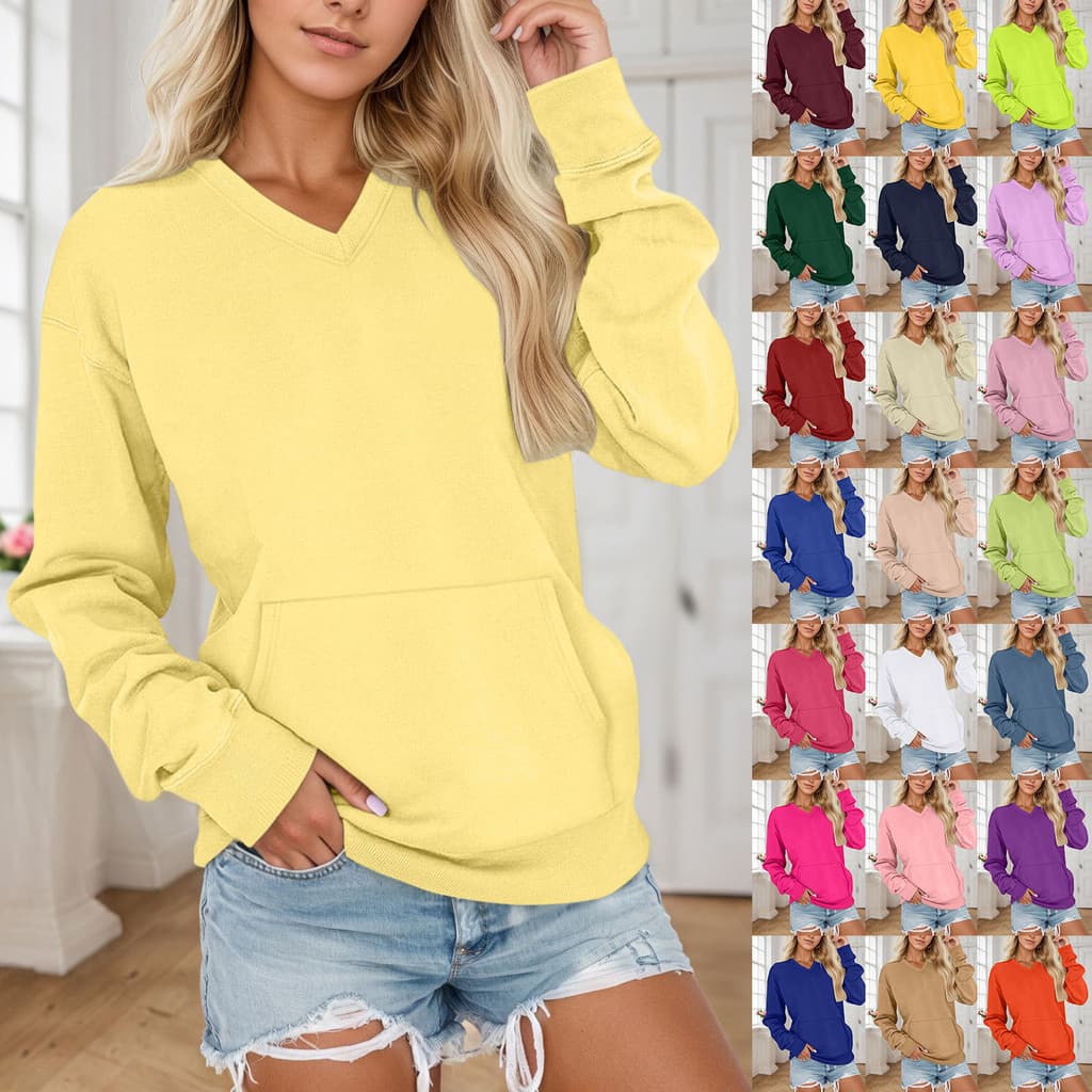 2026 temperamento outono inverno novo estilo bolso pulôver cor sólida com decote em V solto moletom feminino de manga co
