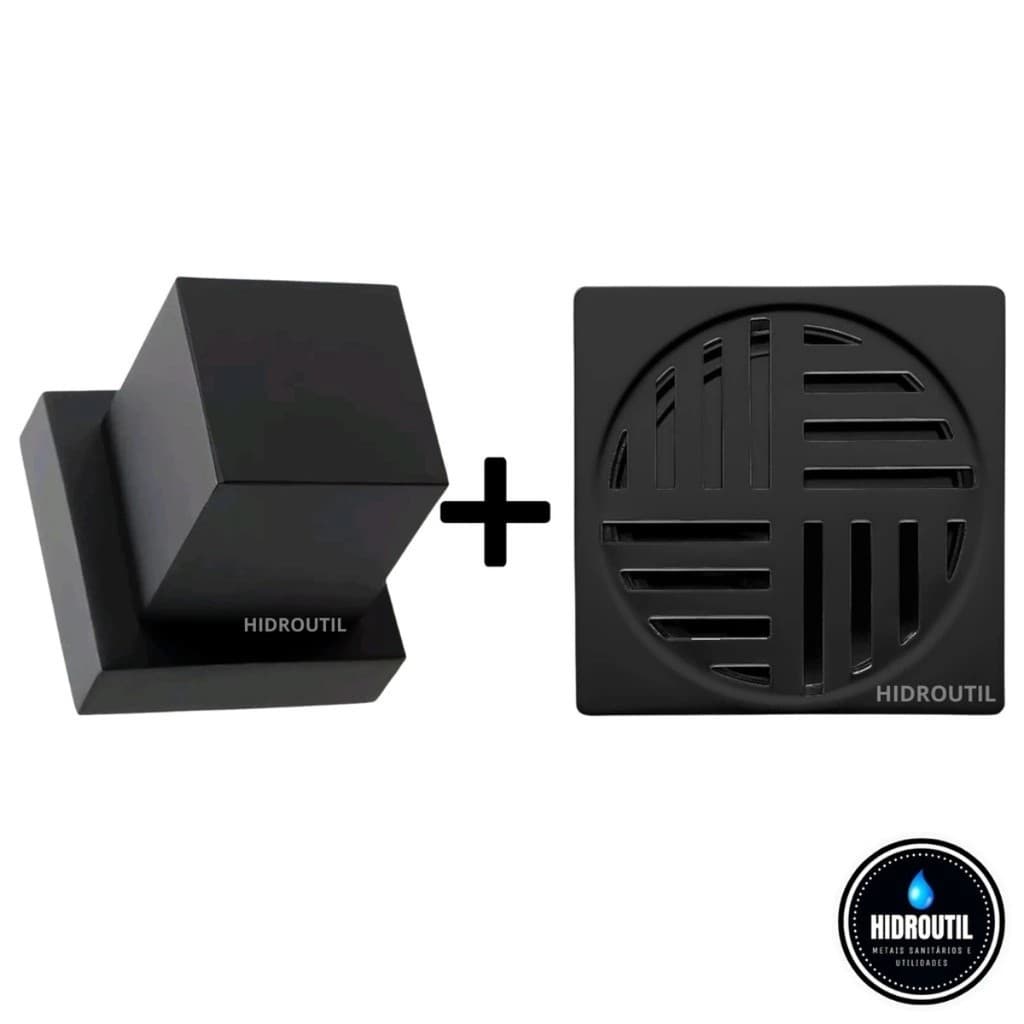 Kit Acabamento Quadrado Preto ABS Padrão Deca Ralo Quadrado ABS Automático 10x10