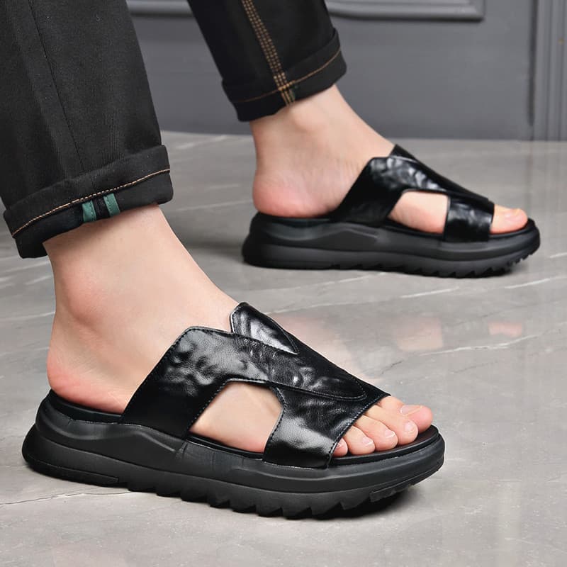 Chinelos masculinos verão sola grossa aumentada 5CM High-End Flip-Flops couro genuíno desodorante de sola macia leve ser