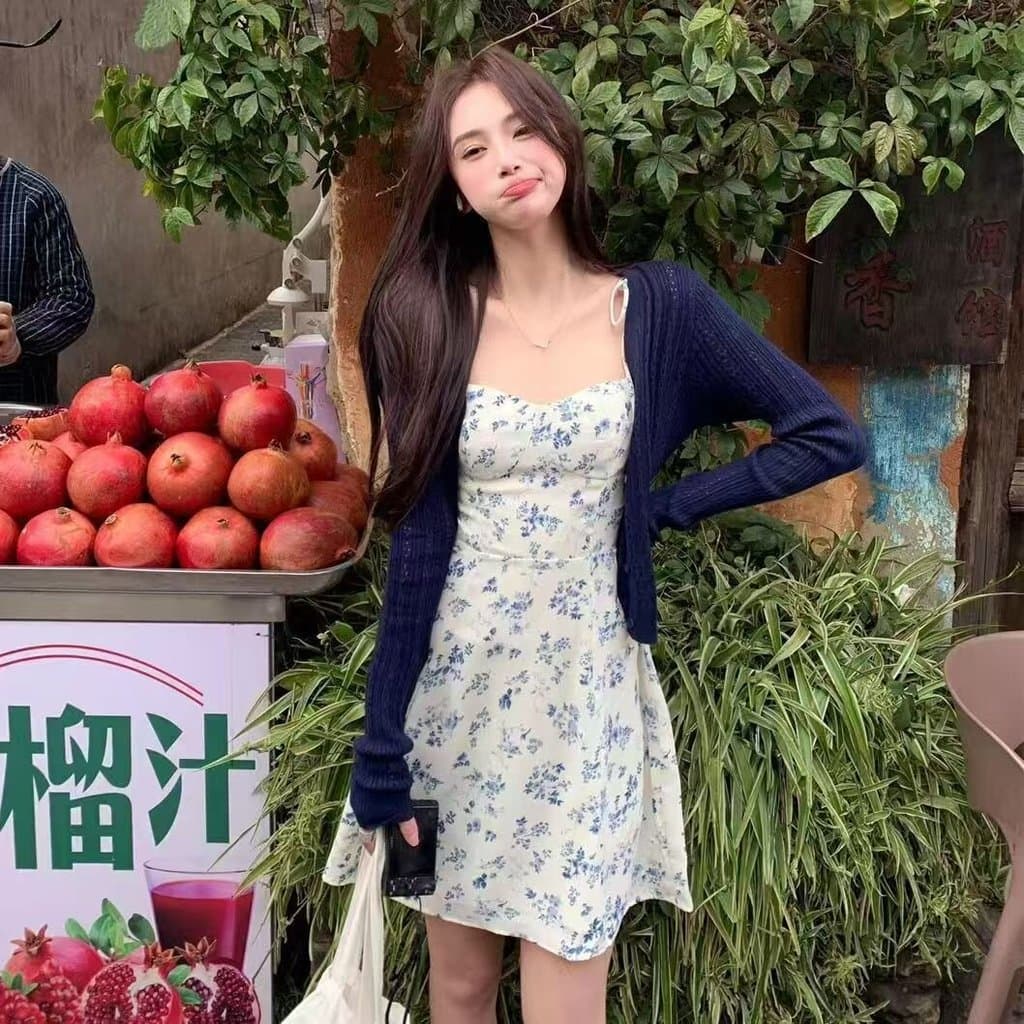 Cardigan retrô de alta qualidade com vestido Floral 2025 novo estilo, roupa elegante deste ano, linda saia pequena