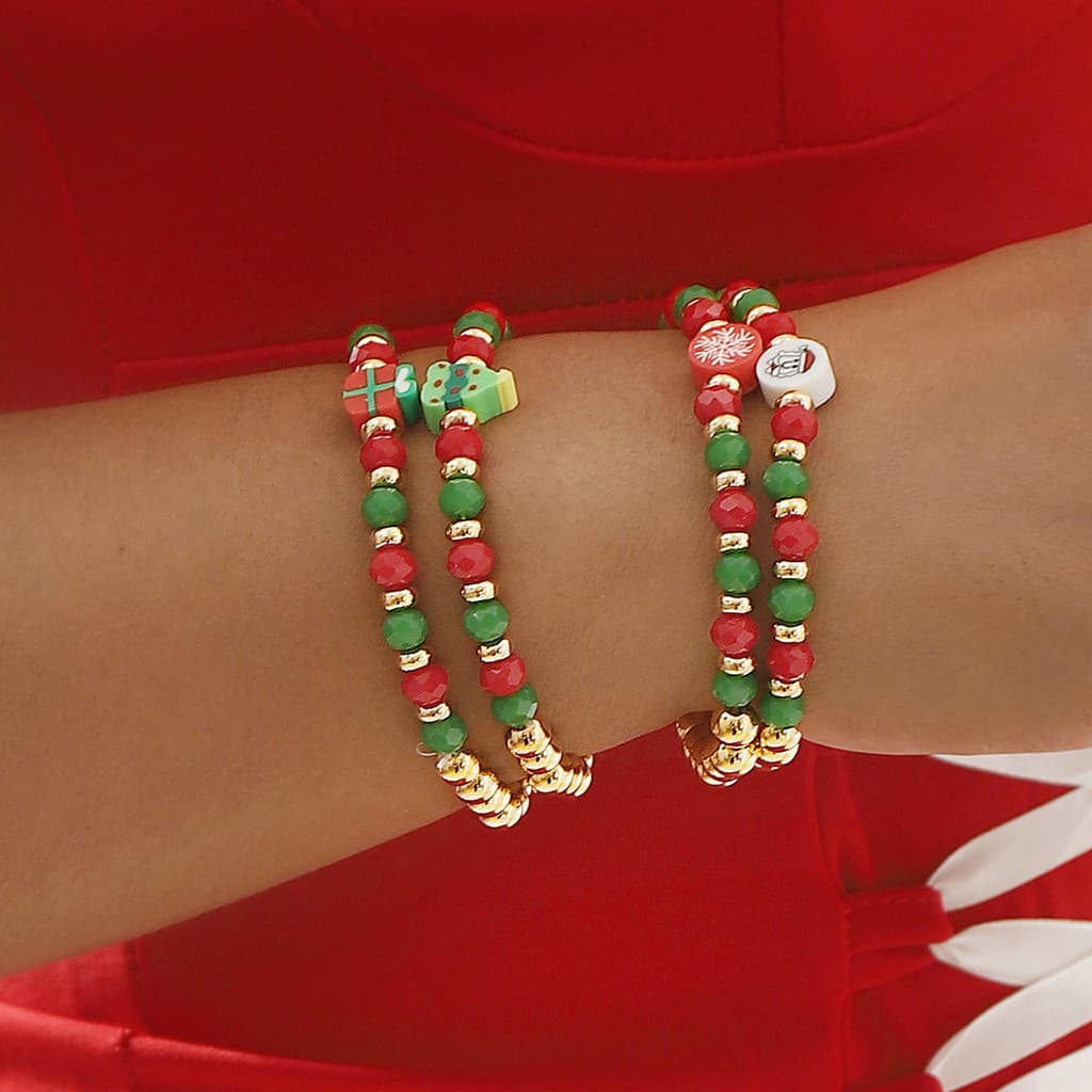 Presente De Natal Caixa De Floco De Neve Árvore Vermelho Verde Grânulo Conjunto De Pulseira De Alta Qualidade