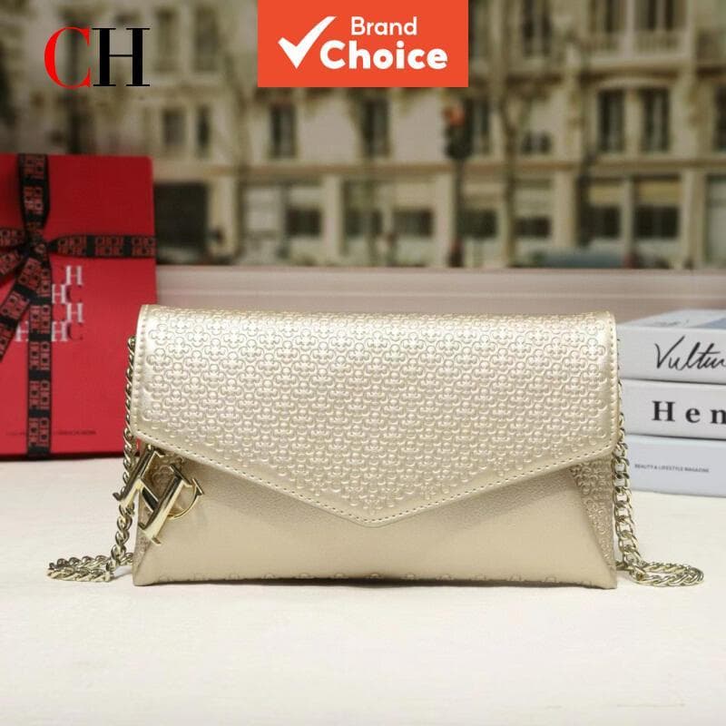 Bolsa Feminina de Ombro CH com Corrente da Moda, Bolsa Tiracolo com Aba em Relevo, Elegante Bolsa de Festa de Inspiração