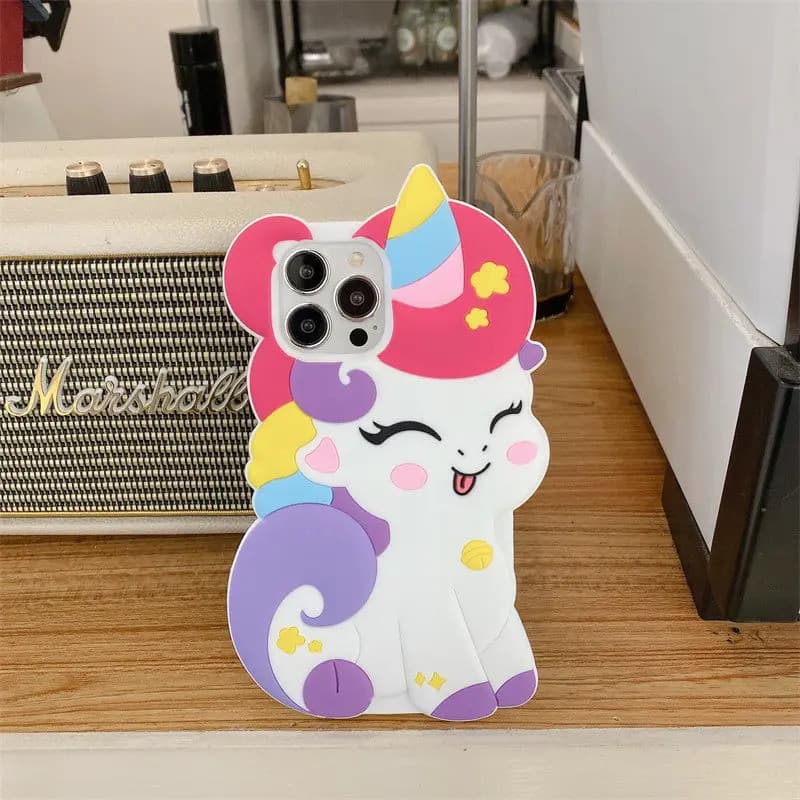 Capa de Silicone, Design Fofo de Unicórnio Arco-Íris 3D, Compatível com iPhone 15 Pro Max, 14 Pro, 13, 12 e 11, Capa de