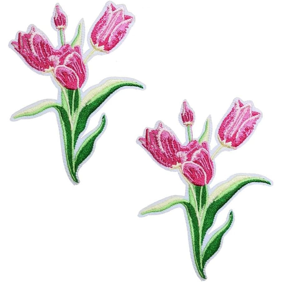 2 Patches de Tulipa Rosa, Lindas Flores Bordadas para Aplicar com Ferro