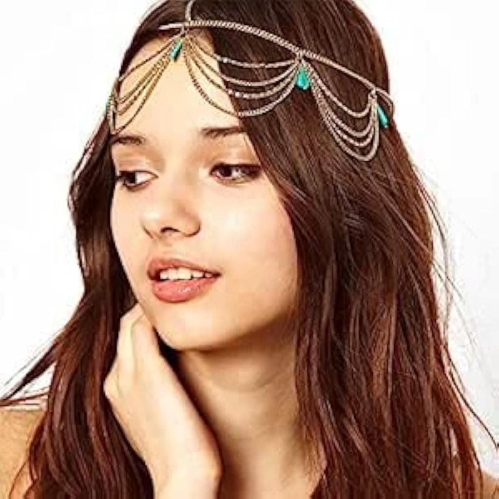PH PandaHall Corrente de Cabeça Turquesa, Tiara de Joia Única, Faixa de Cabelo com Corrente de Borlas Estilo Boho, Acess