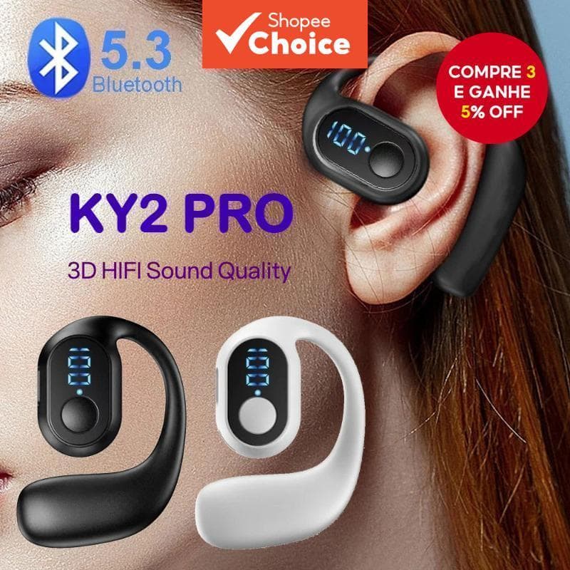 Fones de Ouvido KY2 Pro 【 Preto 】 Gancho de Ouvido Sem Fio, Fones Bluetooth com Display Digital, Som HiFi 3D Surround,