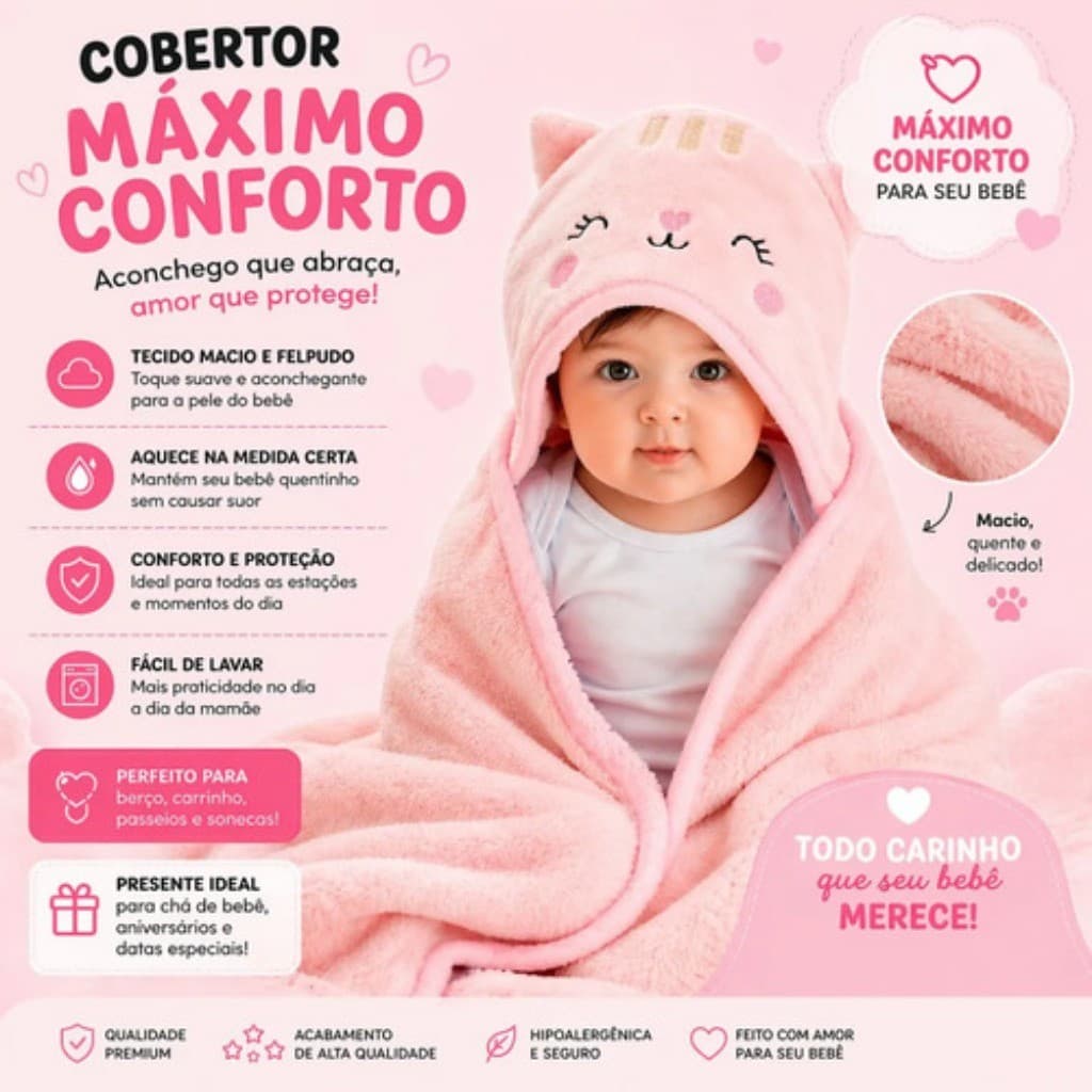 Cobertor Infantil Bebê Com Capuz Bordado Manta Microfibra Macia Quentinha Antialérgica