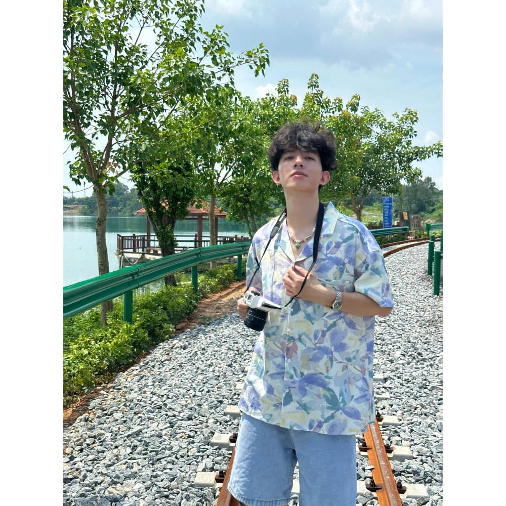 Verão impressão completa gola cubana de manga curta camisa Floral masculina ilha viagem férias estilo Casual contraste c