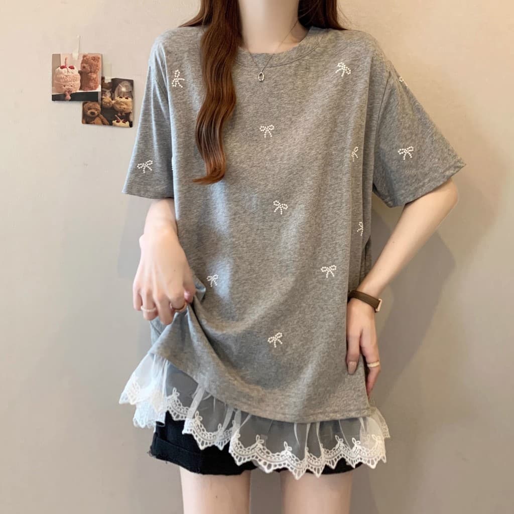 Arco renda renda camiseta de manga curta 2025 verão novo estilo Plus Size roupas femininas gordura mm mais magro olhar m