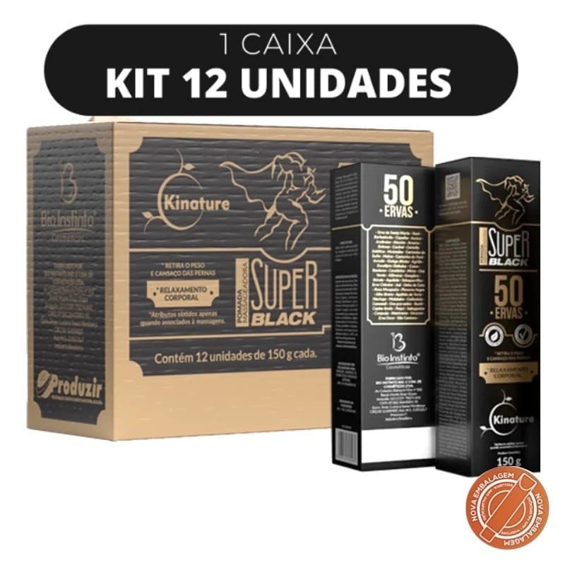 kit 12 Pomada Massageadora SUPER BLACK 50 Ervas Bio Instinto Lançamento Kinature