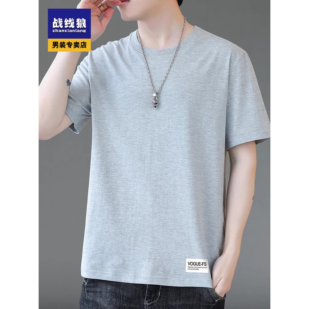 Primavera outono pesado bordado de manga curta camiseta masculina verão fino solto tamanho grande em torno do pescoço 20