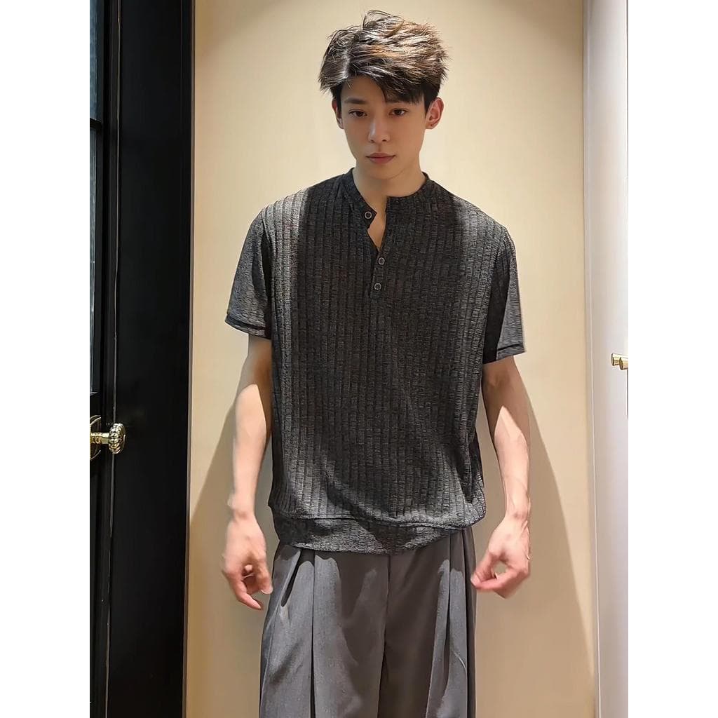 Cinza escuro linho Henry colarinho camiseta masculina verão solto estilo dinheiro antigo camisa polo de manga curta amer