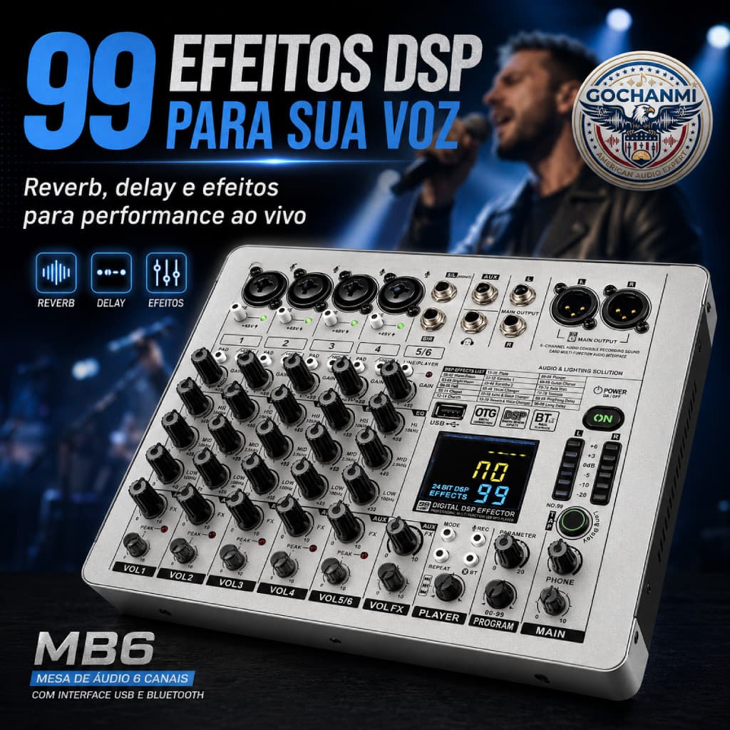 Mixer de Áudio GOCHANMI MB6 6 Canais Para Igreja Live DJ Podcast Evento Com Phantom 48V