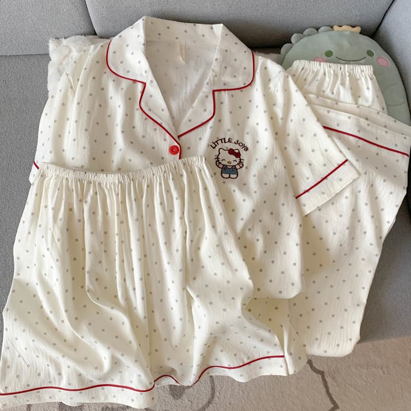 Pijamas de Algodão Gaze para Mulheres Manga Curta Primavera Verão Três Peças Roupas de Casa Fofas