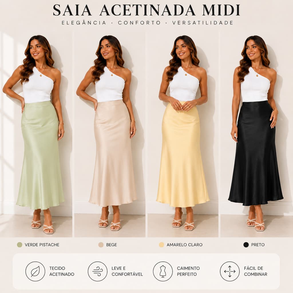 Saia Midi Feminina Acetinada Cintura Alta Corte Viés Elegante Casual Premium