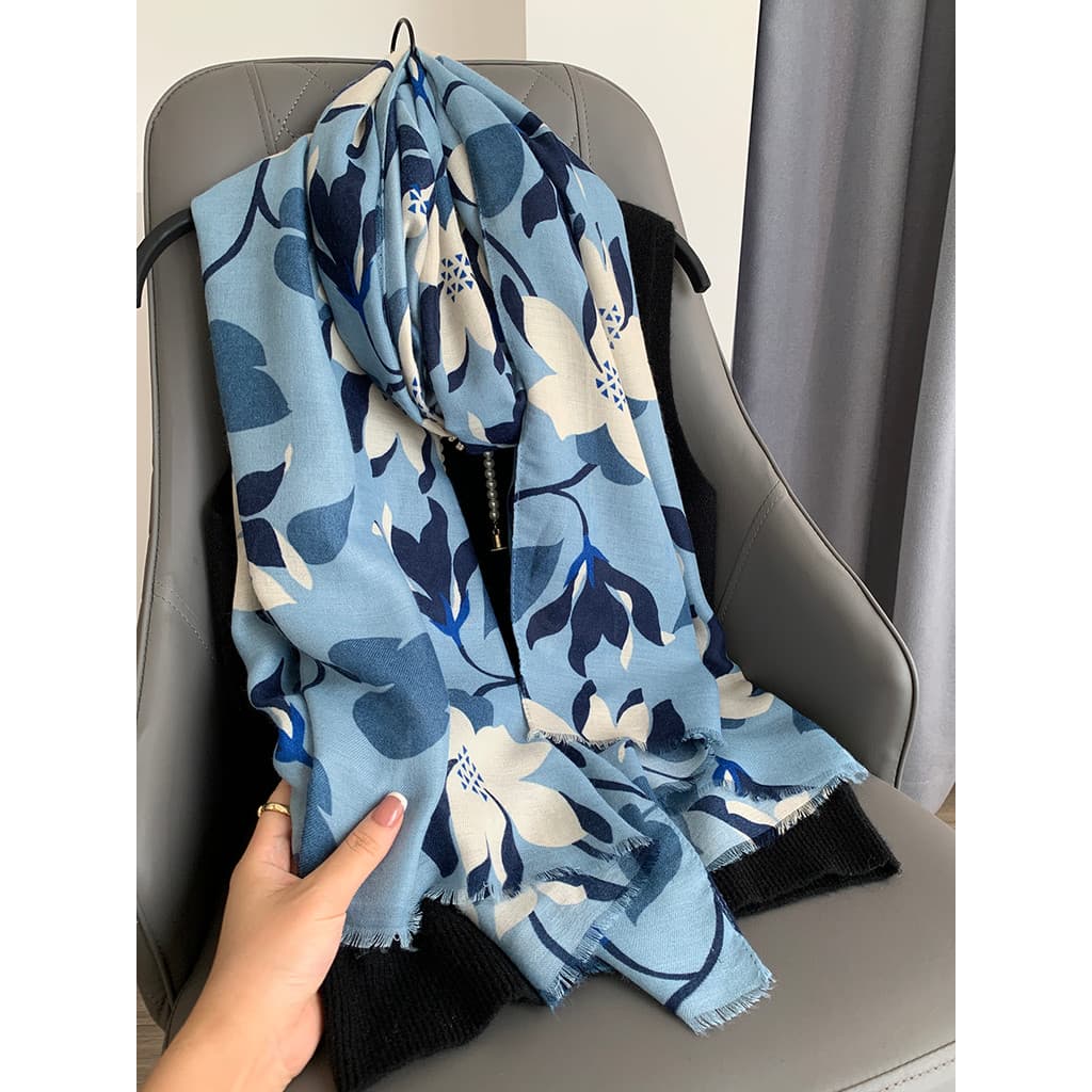 Lenço de seda azul feminino primavera High-End sentimento 2026 novo estilo moda xale All-Match algodão linho gaze cachec