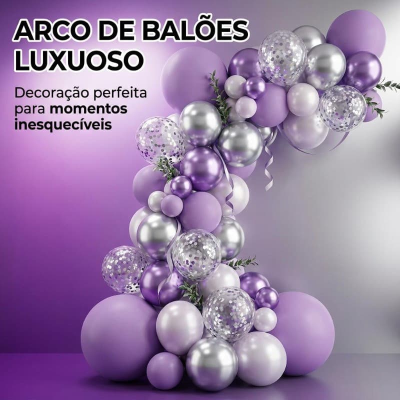 Balão Para Festas e Aniversários Kit 108 Peças Luxo Roxo e Prata 108 Peças - Arco de Balões