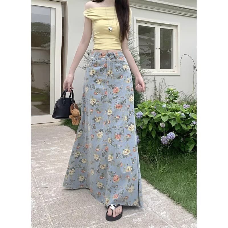 Estilo coreano estilo preguiçoso Floral Denim saia feminina 2025 verão cintura alta mais magro olhar All-Match comprimen
