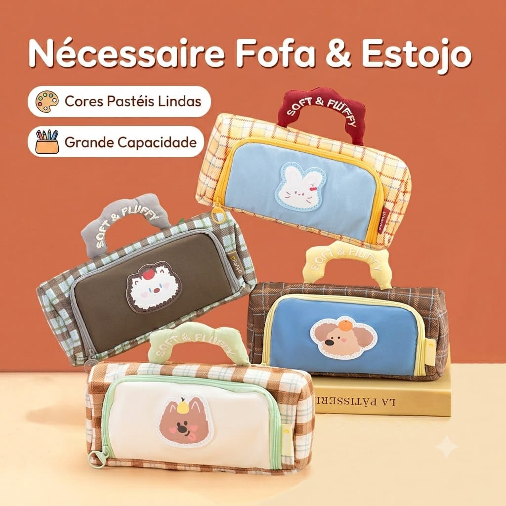 Estojo Escolar Xadrez de Pelúcia com Grande Capacidade para Lápis e Maquiagem
