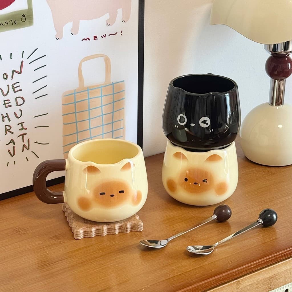 Bonito gatinho copo de cerâmica doméstico caneca de água potável xícara de café senhoras escritório pessoal casal