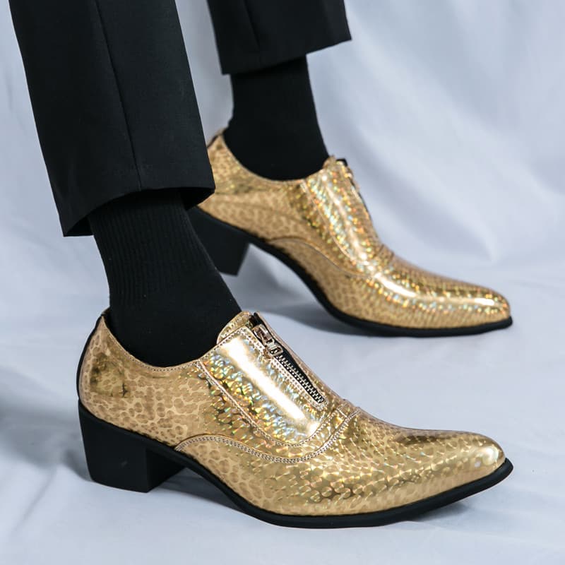 Homens de salto alto apontou Toe sapatos de couro aumentado 6cm boate desempenho sapatos de couro dourado salto cab
