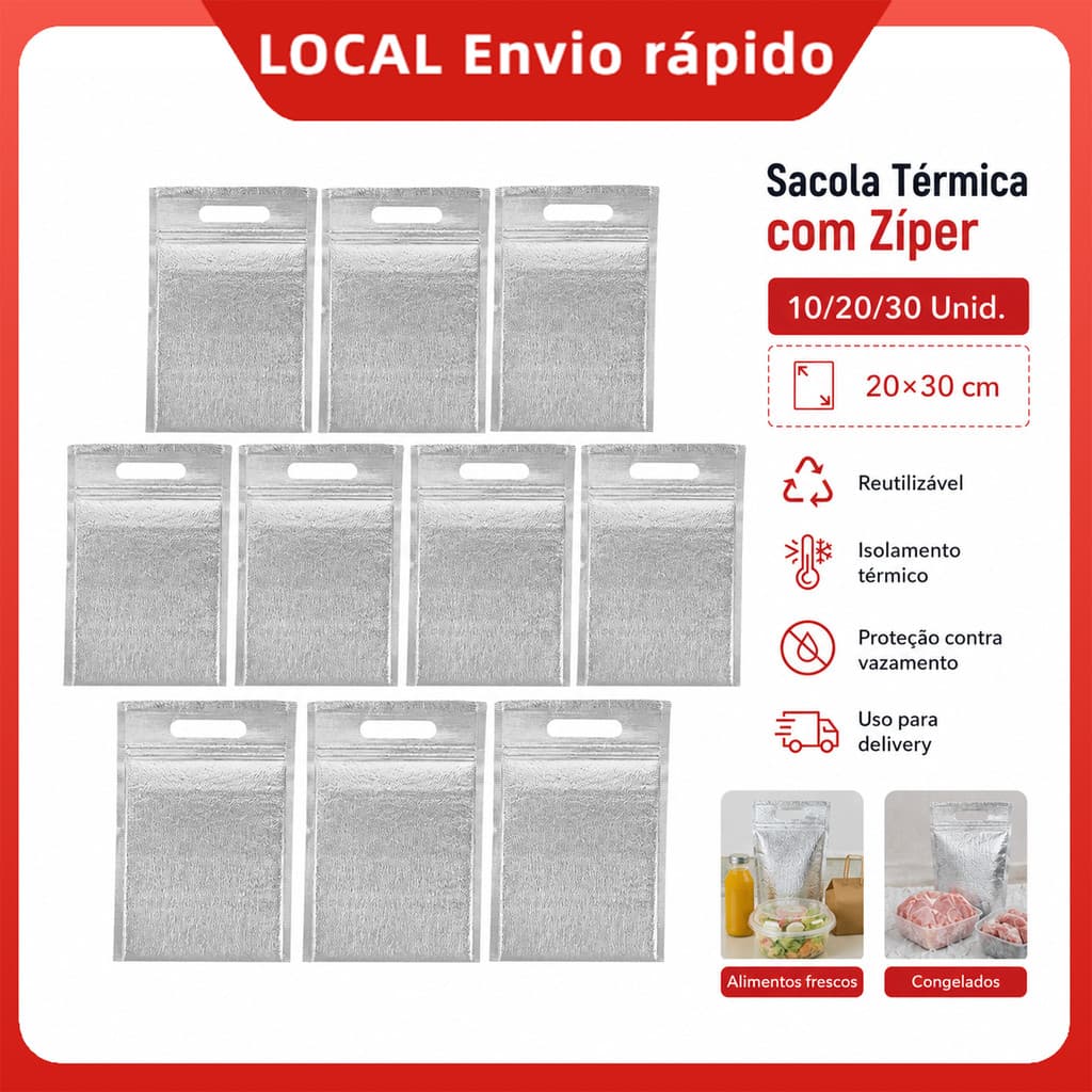 Saco Térmico para Delivery 10/20/30 Peças, Alumínio 20x30cm com Alça, Zíper, Quente e Frio para Alimentos