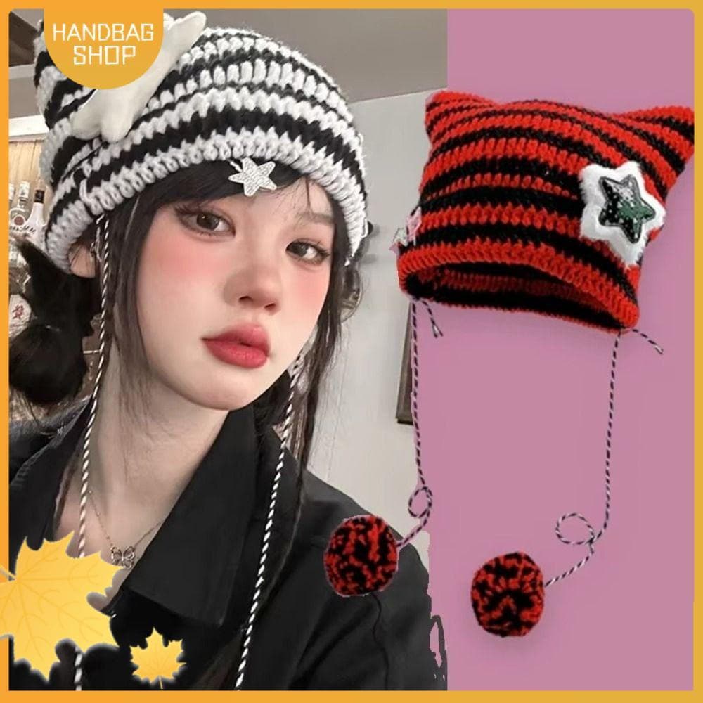 Bolsa Star Devil Hat , Y2K Bonito Listrado Y2K Gorro , Boné De Lã De Tricô Hip-hop Outono Inverno