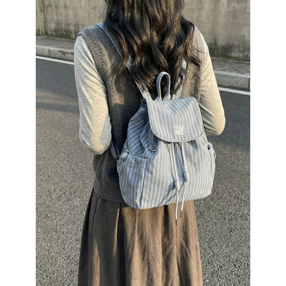Pequena pequena mochila feminina novo estilo estilo coreano cordão xadrez All-Match Casual Retro literário leve náilon p
