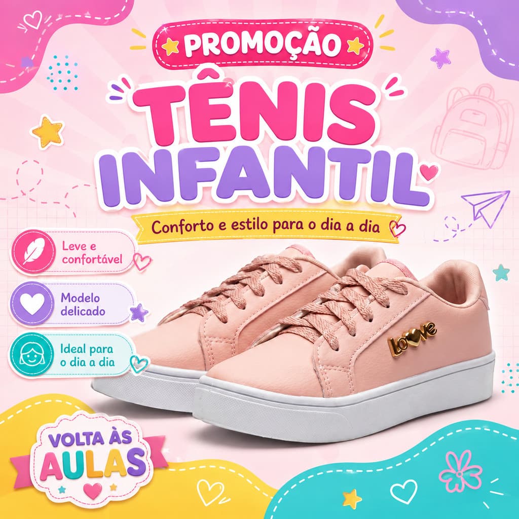 Tênis Infantil Feminino Menina Escolar Com Cadarço Solado Branco E Visual Moderno