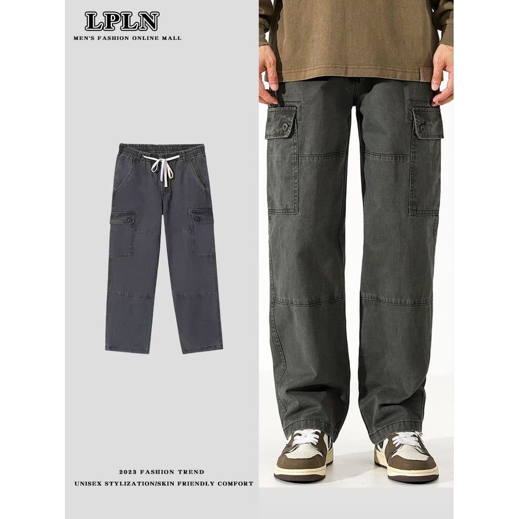 LPLN americano High Street na moda bolso cinza macacão das mulheres dos homens calças retas soltas ao ar livre primavera