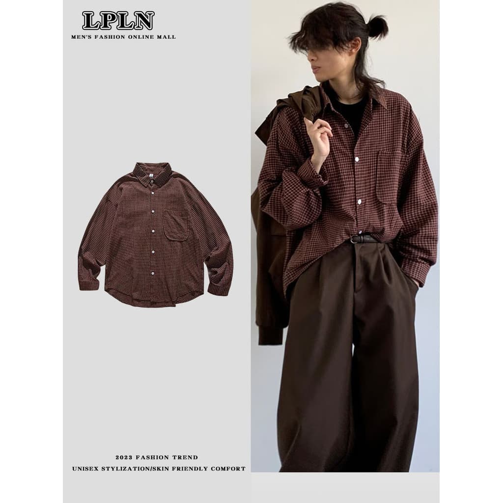 LPLN japonês Retro fino xadrez camisa de manga comprida jaqueta masculina feminina mesmo estilo All-Match solto Casual c