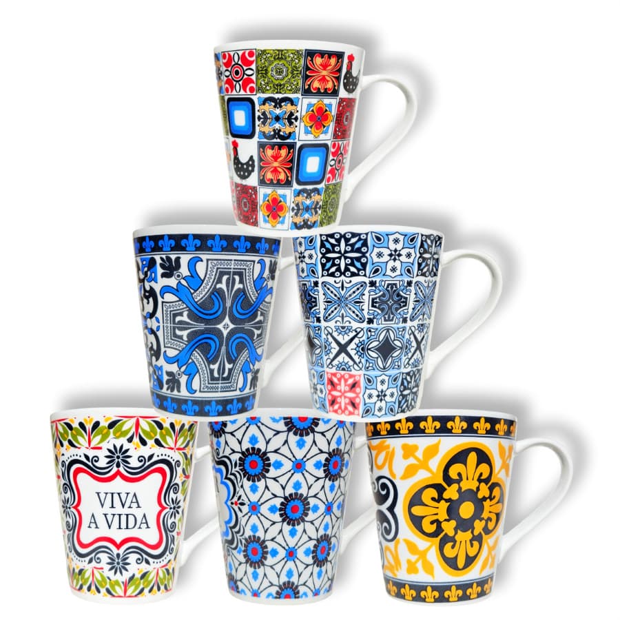 Canecas de porcelana brancas, cônicas, decoradas, 290 ml, xícara, café, chá, Col1-Azulejos