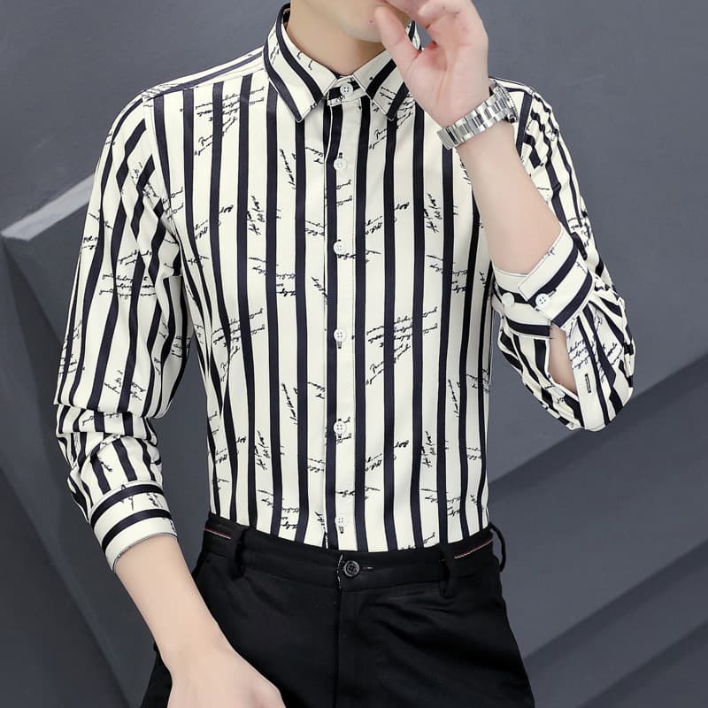 Camisa listrada masculina negócios High-End luz luxo topo verão fino ajuste na moda masculino longo @-