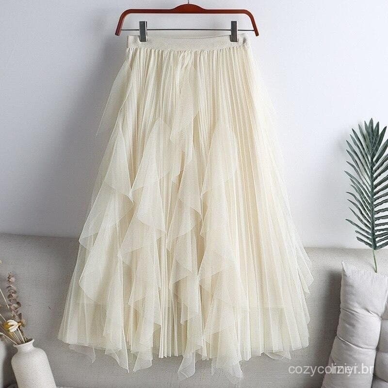 Qooth Saia Tule Mulheres Outono Lisa Cor Midi Mesh Linha A Saia FCute Cintura Alta Gaze Pregueada Longa QT1240