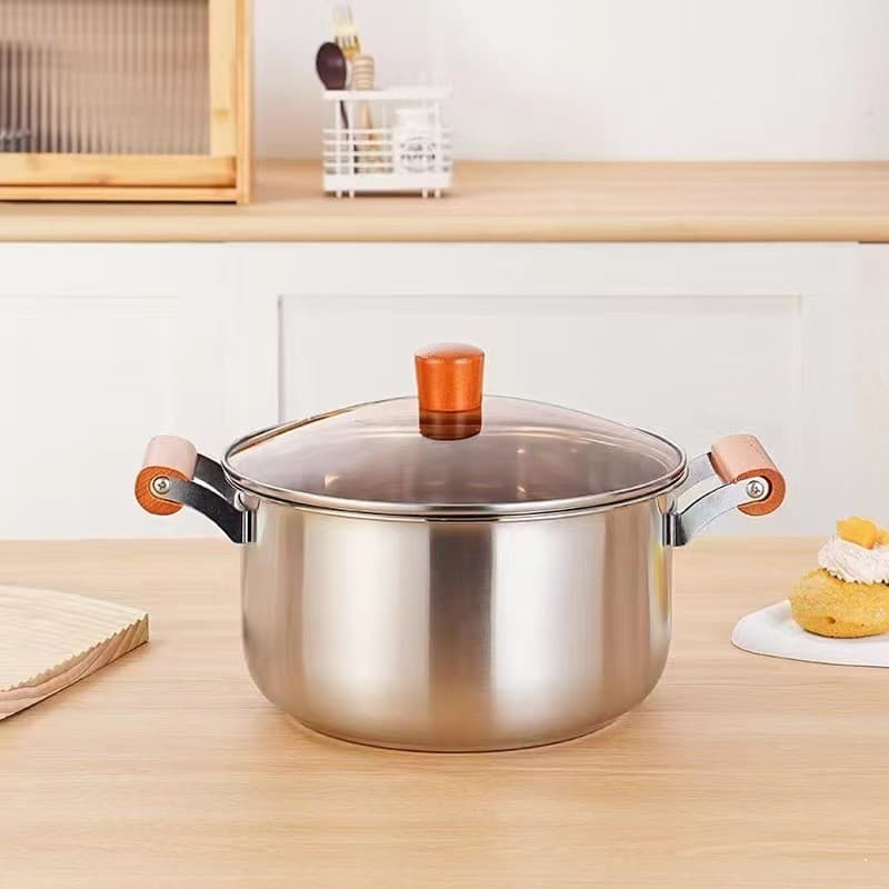 Panela de leite de aço inoxidável com alça de madeira perfumada Panela de sopa doméstica espessada com fundo duplo Orelh