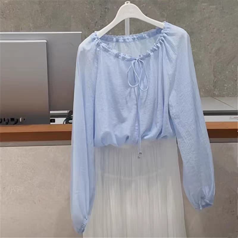 2-7 camisas femininas verão novos produtos All-Match solto mais magro olhar azul claro amarrado longo @-