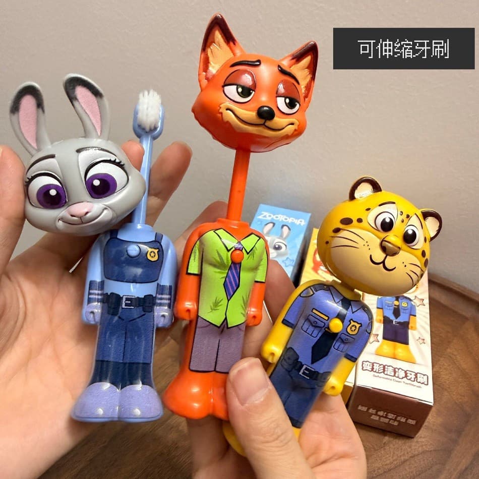 Escova de Dentes Transformável Zootopia com Personagens de Desenho Animado Nick e Judy, Cerdas Macias, Presente Transfor