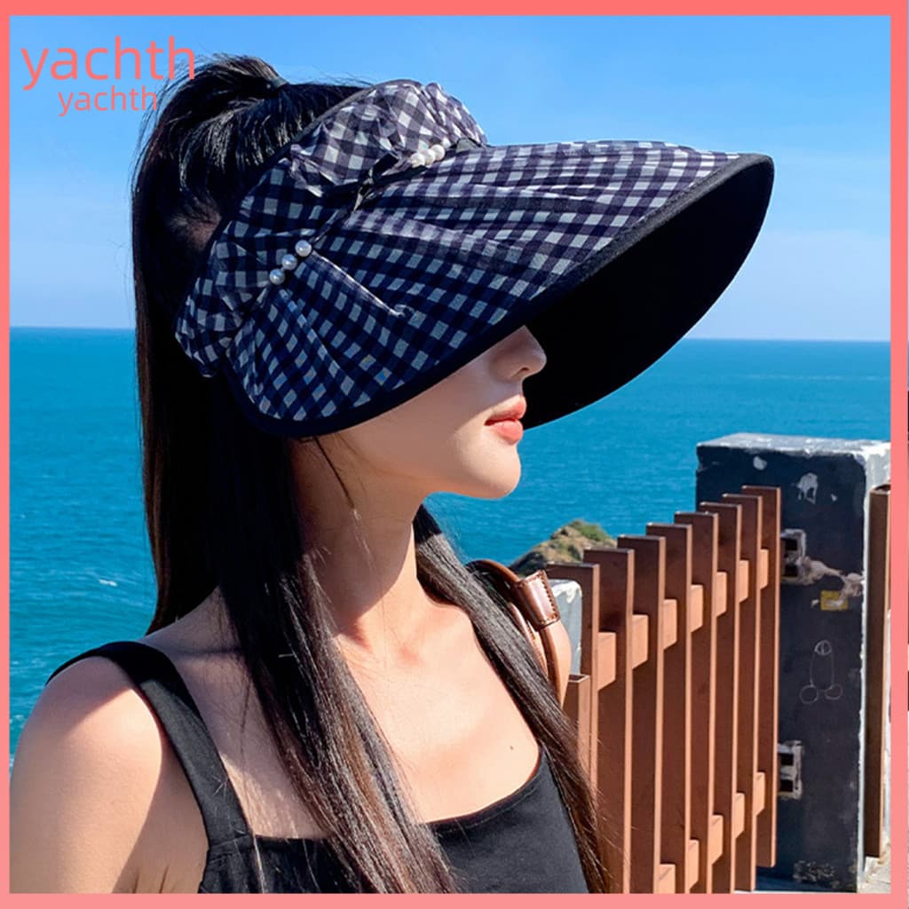 [Yac]Chapéu De Sol Leve Para Mulheres Com Aba Xadrez Design Rosto Inteiro Proteção Uv Viagem De Verão Laço E Pérolas F