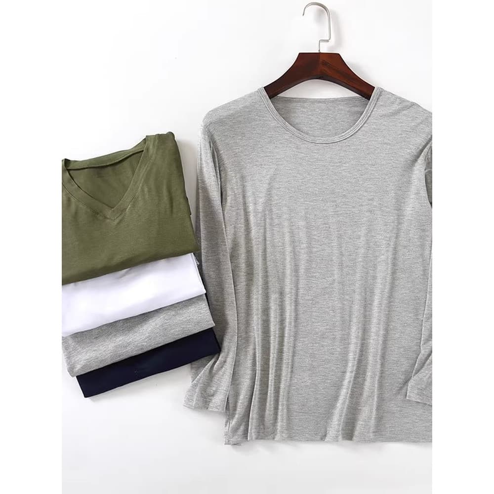 Modal com decote em v camiseta de manga comprida masculina verão outono estilo fino cor sólida camisa de fundo mais gord