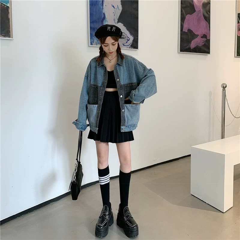 Início da primavera jaqueta jeans feminina solta versão coreana na moda All-Match costura superior contraste cor moda BF