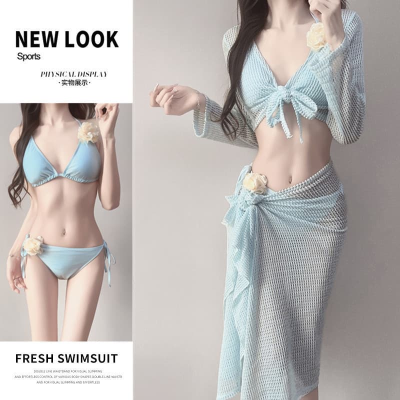 Biquíni Feminino de Duas Peças com Manga Longa e Saia Longa, Conjunto de Quatro Peças, Moda Praia Versátil, da Bali Reso
