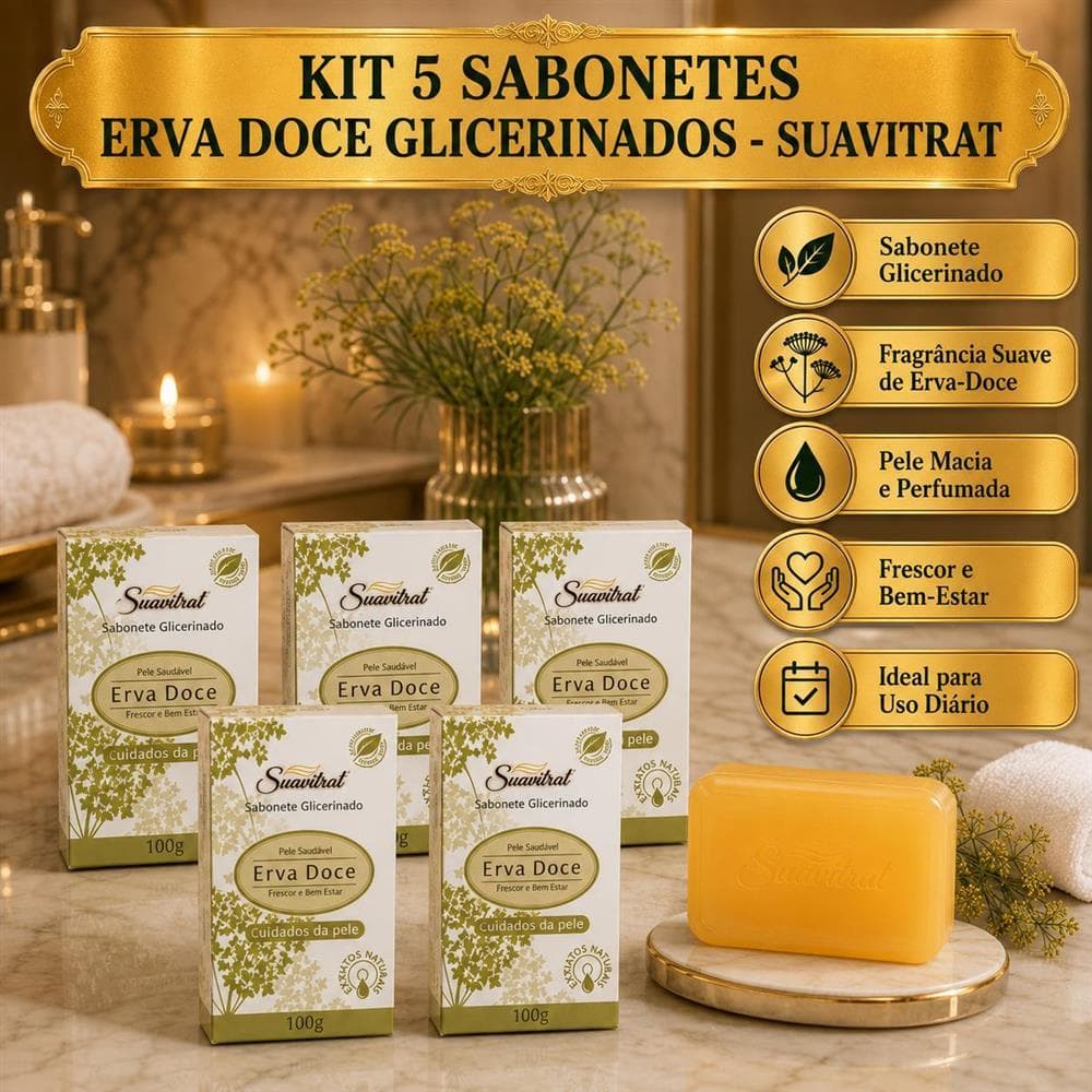 Kit 5 SaboneteS em Barra Erva-Doce Glicerinado Suavitrat Ubon 100g com Emolientes e Umectantes