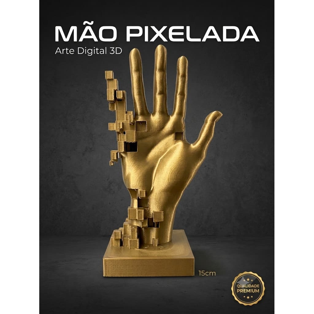 Escultura Mão Pixelada Decorativa Glitch Art Moderna 15cm