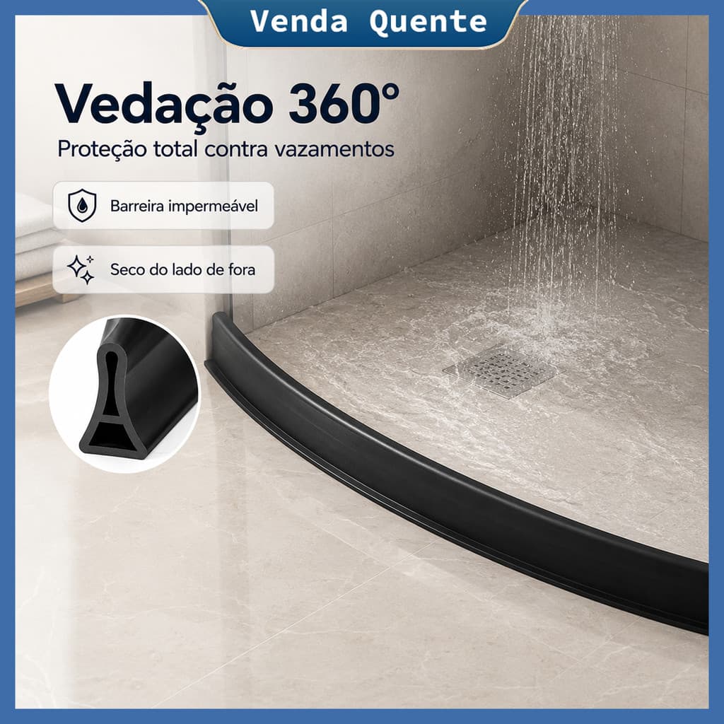Barreira de Vedação 1,5m Preta para Box Banheiro TPE Flexível Autoadesiva, Cortável e Fácil de Limpar