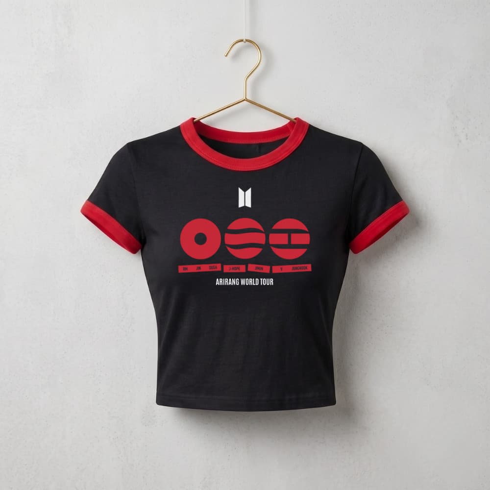 Camisa BTS Kpop Army Camisa Estampada Baby Tee Bangtan Arirang Turnê Mundial Show No Brasil