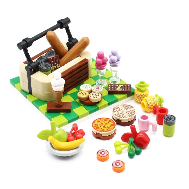 Cestas de Piquenique para Amigos, Tapete, Mini Blocos de Construção, Comida, Bebidas, Pizza, Frutas, Pão Frito, Biscoito
