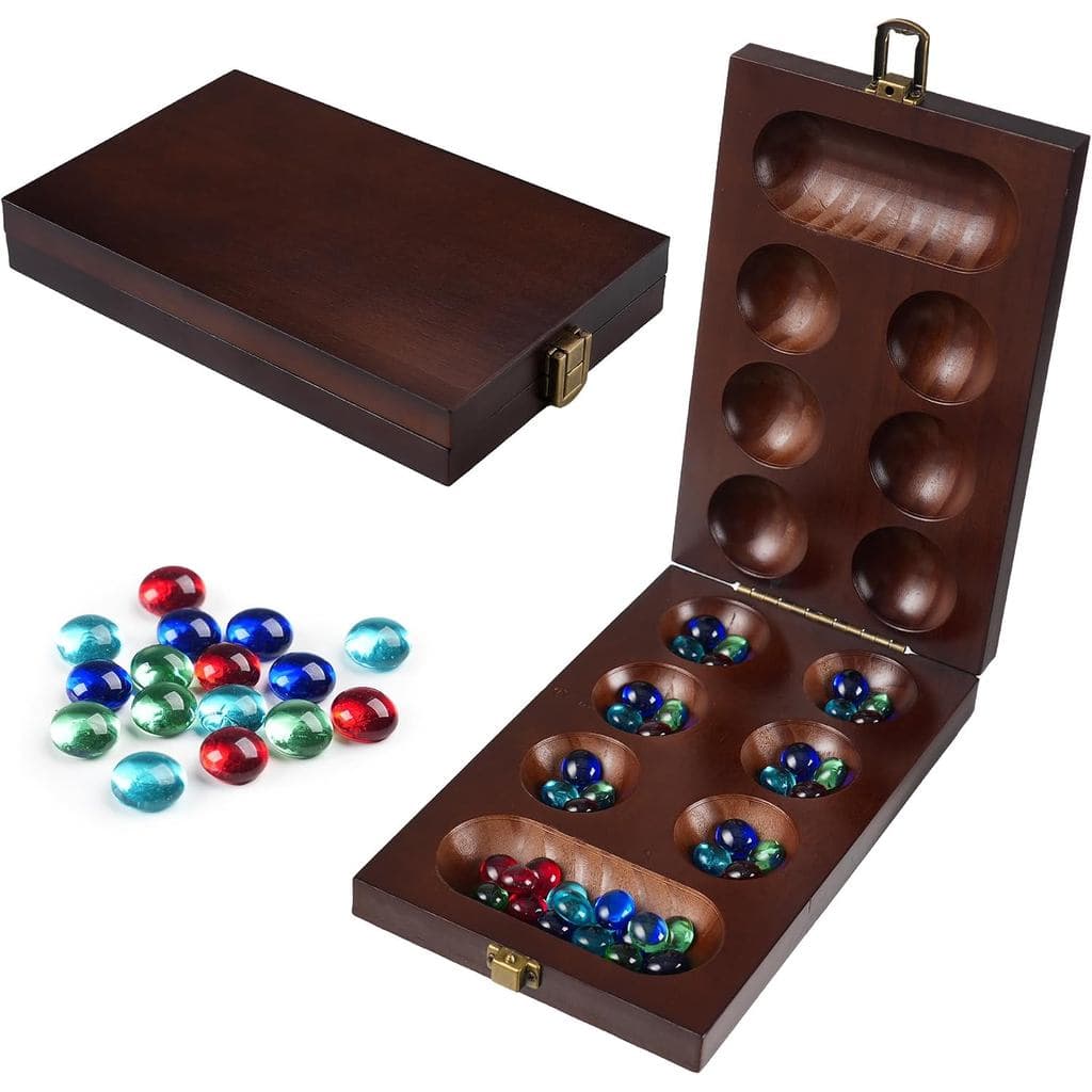 Jogo De Tabuleiro Mancala – Conjunto Dobrável De Viagem De Madeira Com Trava De Metal | Inclui 48 Pedras De Vidro Colori