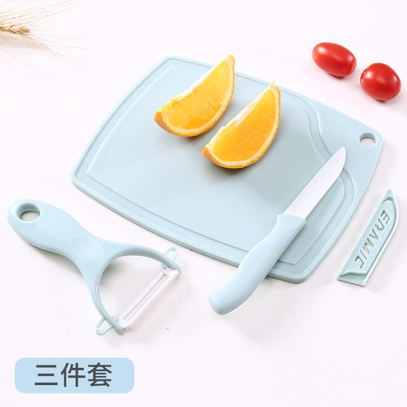 Conjunto de três facas de frutas de cerâmica para cozinha, mini tábua de corte de plástico, descascador, facas pequenas