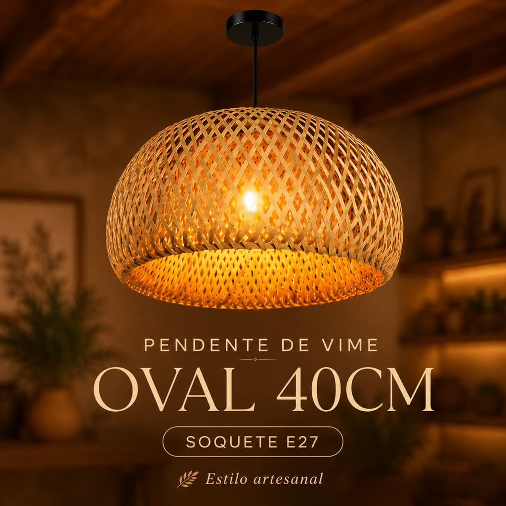 Pendente Vime Estilo Palha Oval 40cm Lustre Sala Jantar Varanda Gourmet Boho Bivolt
