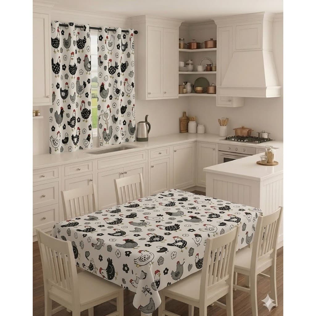Jogo de Cozinha Oxford Com Cortina e Toalha de Mesa Estampadas Moderna 2M Ilhós Cromado Acabamento.